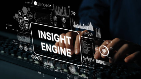 Digital Analysis of Data Through Insight Engine with Futuristic Visuals and Hands on Keyboard. Asymptotic smart data analytic.の写真素材