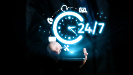 This image illustrates a modern concept of 24 hour support, featuring a glowing clock and various...