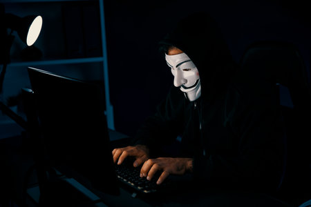 White smiling anonymous mask installing virus encryption programming by hacker application on data server system in privacy on computer ransom. Information searching on computer.の写真素材
