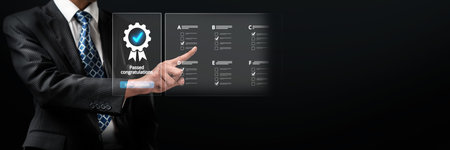 Business person secures product certification, marking a key achievement. Demonstrates commitment to quality and trustworthiness by having product certification passed. FaaSの写真素材