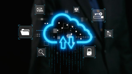 Visual representation of cloud computing with upload and download arrows, showcasing data storage...