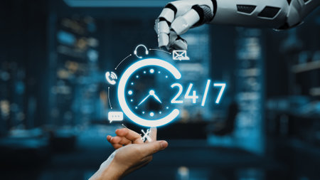 A futuristic robotic hand reaches toward a digital clock icon symbolizing 24-hour availability in a...
