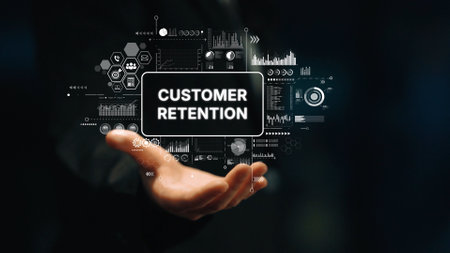Businessman Hand With Digital Interface Representing Customer Retention Strategies And Analytics In Modern Marketing Environment. Asymptotic smart data analytic.の写真素材