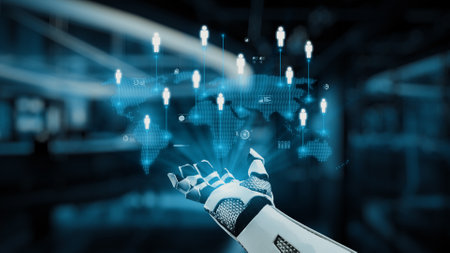 A futuristic robotic hand extends towards a holographic world map, symbolizing the integration of technology and artificial intelligence in modern communication and data analysis.の写真素材
