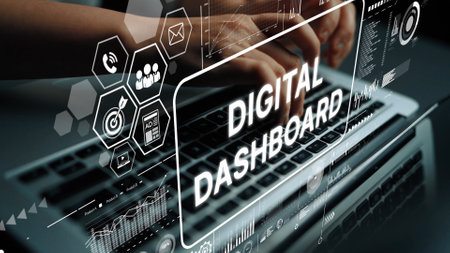 Modern Digital Dashboard Interface Displayed on a Laptop with Hands Typing, Visualizing Data and Analytics Tools in a Tech Environment. Asymptotic smart data analytic.の写真素材