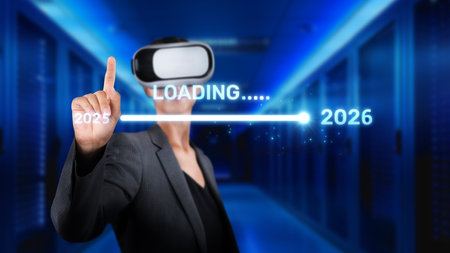 A professional in a suit interacts with a loading bar depicting the years 2025 to 2026 in a modern,...