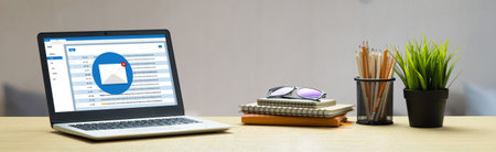 Email notification message showing on computer screen snugly. Digital marketing message information...