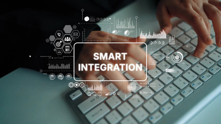 Hands Typing on Keyboard with Smart Integration Concept Featuring Digital Graphics and Data...