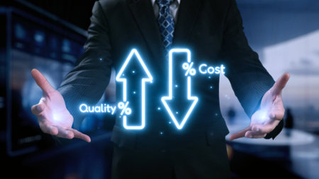 A businessman showcases quality improvement and cost reduction concepts with glowing graphical arrows in a modern office setting, emphasizing business success.の写真素材