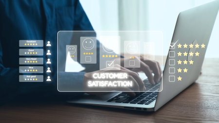 A professional in a casual workspace engages with a laptop displaying a digital interface for customer satisfaction metrics, highlighting reviews and ratings for service improvement.の写真素材