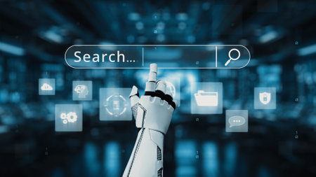 A robot hand is poised to interact with a digital search bar in a high-tech environment, showcasing innovation and the integration of technology in daily tasks.の写真素材