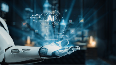 A futuristic robotic hand presents artificial intelligence imagery, symbolizing technological...