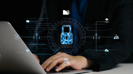A visual representation of digital security featuring a lock icon with network connections over a...