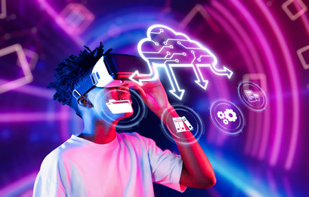 Discover a vibrant representation of virtual reality technology combined with cloud computing elements, showcasing innovations for modern business and digital experiences.の写真素材
