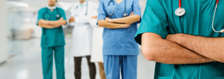 Healthcare people group. Professional doctor working in hospital office or clinic with other doctors, nurse and surgeon. Medical technology research institute and doctor staff service concept. Docent.の写真素材
