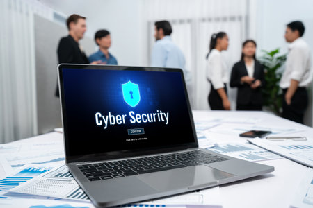 Cyber security system on computer screen protect private information brisk from hacker and cyber...