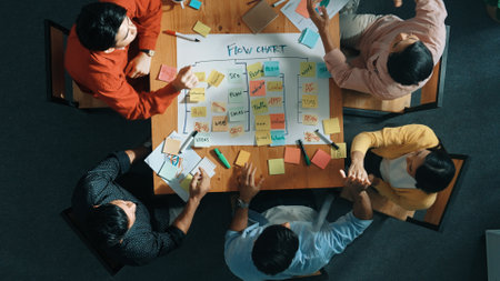Top view of smart people writing and making scrum task board while writing plan and planning strategy at colorful sticky notes. Smart team manage work performance by using kanban board. Convocation.の写真素材