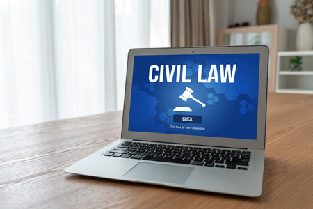 Civil law brisk information showing on computer screen for Common Justice Legal Regulation Rights...