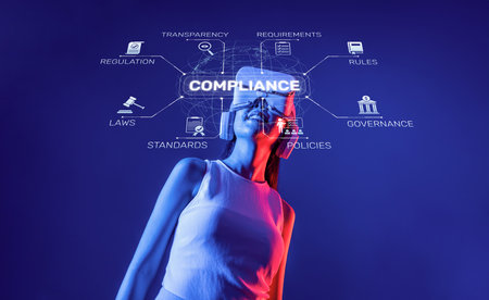 A captivating image featuring a woman in a futuristic setting, illustrating key compliance concepts like governance, transparency, and regulation amidst digital elements.の写真素材