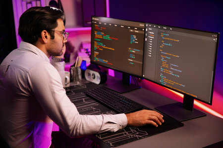 Working smart IT developer analyzing data software development on two pc screen, creating...