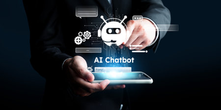 Human interact with AI artificial intelligence virtual assistant chatbot in concept of AI artificial intelligence prompt engineering, LLM AI deep learning to use generative AI for work support. FaaSの写真素材
