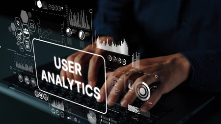 Hands Typing on Laptop with User Analytics Dashboard and Data Visualization Elements for Digital Business Insights. Asymptotic smart data analytic.の写真素材