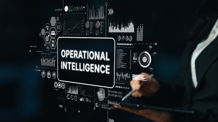 Professional analyzing operational intelligence data with modern technology in a dark corporate environment. Asymptotic smart data analytic.の写真素材
