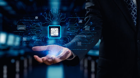 A professional businessman showcases a microchip graphic amidst a digital circuit backdrop,...