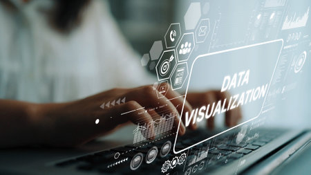 Close-up of a Person Using Laptop for Data Visualization Analysis with Graphical Elements and Technology Interface. Asymptotic smart data analytic.の写真素材