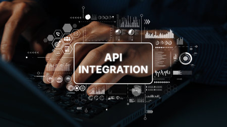Hands Typing on Keyboard with Digital API Integration Graphics and Data Visualization Elements. Asymptotic smart data analytic.の写真素材