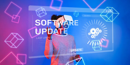 A delighted user engages with a virtual reality software update, showcasing vibrant graphics and a modern interface that highlights the latest in digital innovation and technology.の写真素材