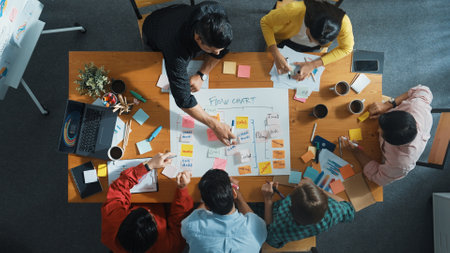 Top down aerial view of business team making scrum task board at meeting room. Group of people writing at paper and sticky notes for making kanban board to manage work flow. Top view. Convocation.の写真素材