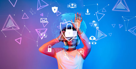 This striking image represents the concepts of cybersecurity, privacy, and data protection with...