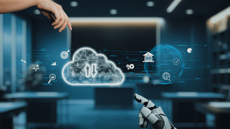 A robotic hand interacts with a floating cloud icon in a modern office, representing the fusion of...