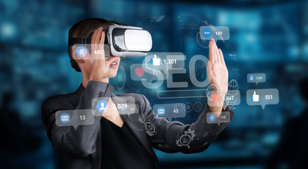 Explore the intersection of virtual reality and social media as a professional leverages technology for enhanced audience engagement and analytics insights for better content strategy.の写真素材