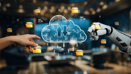 A concept image showcasing a human hand reaching toward a robotic arm amid a cloud computing environment, highlighting data transfer and digital interaction in a modern workspace.の写真素材