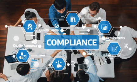 A group of professionals engaged in a productive business meeting, focusing on compliance...