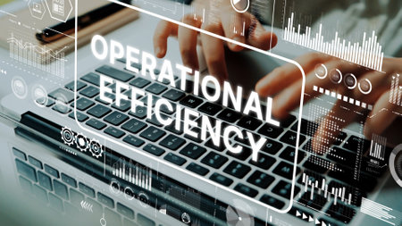 Hands typing on a laptop keyboard with digital graphs illustrating operational efficiency and modern technology in business context. Asymptotic smart data analytic.の写真素材