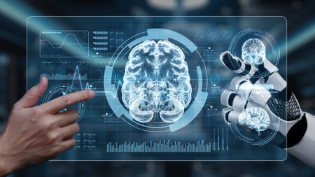 Robot and human reaching hand and pointing finger with brain icon floating. Close up of robotic hand...