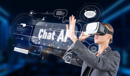 A professional woman engages with an advanced virtual reality chatbot interface, showcasing the...