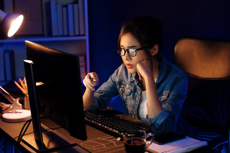 Stressful young beautiful asian creative looking on pc to search project creator social media online...