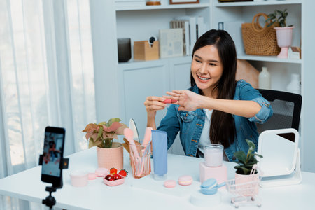 Young beautiful Asian showing cosmetic makeup lipstick matte pastel color testing in bestseller collection on arm test promotion on social media online recording smartphone at modern room.の写真素材