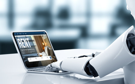 Online real estate rental search snugly on computer. House home or apartment rental website online. 3D illustrationの写真素材