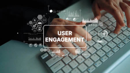 Hands Typing on Keyboard with Overlay Graphics Illustrating User Engagement and Data Analysis...