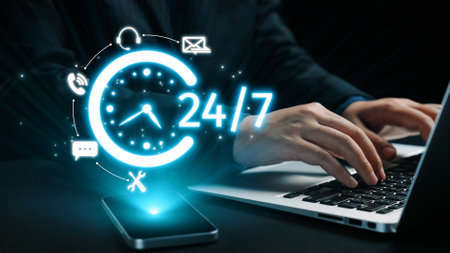 Dynamic visual representation of 24 hour service availability featuring hands typing on a laptop...