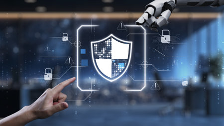 A conceptual image showing a human hand pointing at a digital shield symbolizing cybersecurity,...
