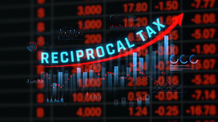 Rise of Reciprocal Tax in Economic Graphs with Visual Data Analytics on Tariffs and Taxation Trends. Consignment.の写真素材