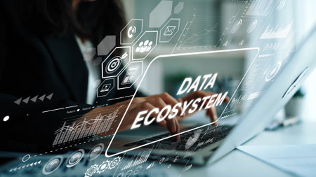 Business Professional Engaging with Data Ecosystem on Laptop in Modern Office Setting. Asymptotic smart data analytic.の写真素材