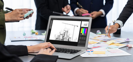 Analyst team use sticky note for creative and analytic brainstorm for business idea with BI data...