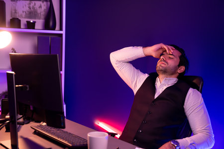 Smart businessman having headache with unfinished product service sales channel report. Concept of...
